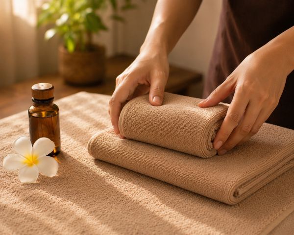 Person faltet braune Handtücher auf einem Tisch mit Massageöl und Blume.