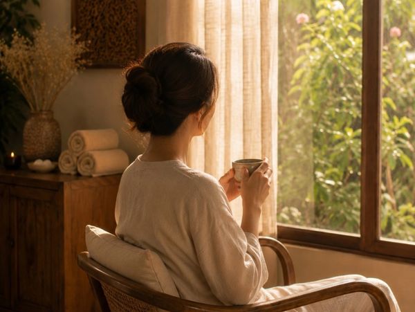 Frau genießt eine Tasse Tee im gemütlichen Raum.