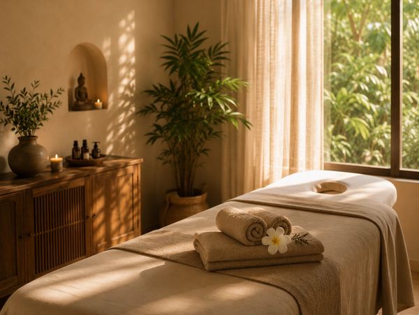 Ruhiger Massageraum mit warmem Licht und Pflanzen.