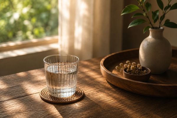Glas Wasser auf Untersetzer auf Holztisch im Sonnenlicht.