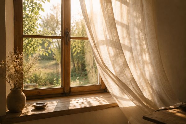 Sonnendurchflutetes Fenster mit wehenden Vorhängen.