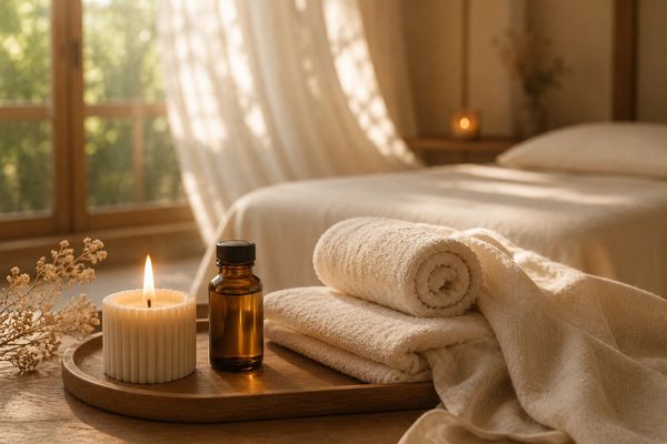 Entspannendes Spa-Setup mit Kerze und Handtüchern.