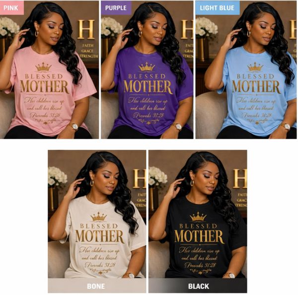 Woman modeling five different colored "Blessed Mother" t-shirts with a biblical quote.