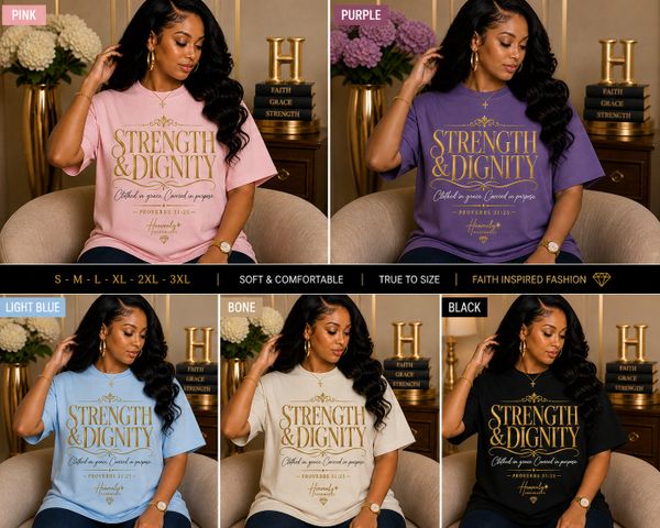 Woman modeling 'Strength &amp; Dignity' t-shirts in five colors: pink, purple, light blue, bone, and black.