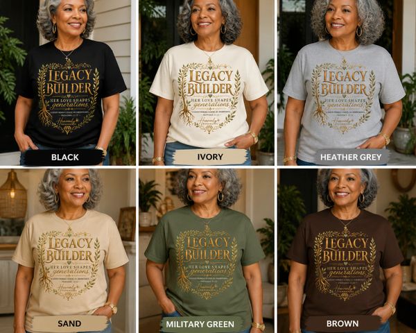 Woman modeling 'Legacy Builder' t-shirts in six colors.