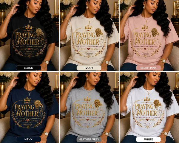 Woman modeling 'Praying Mother' t-shirts in six different colors.