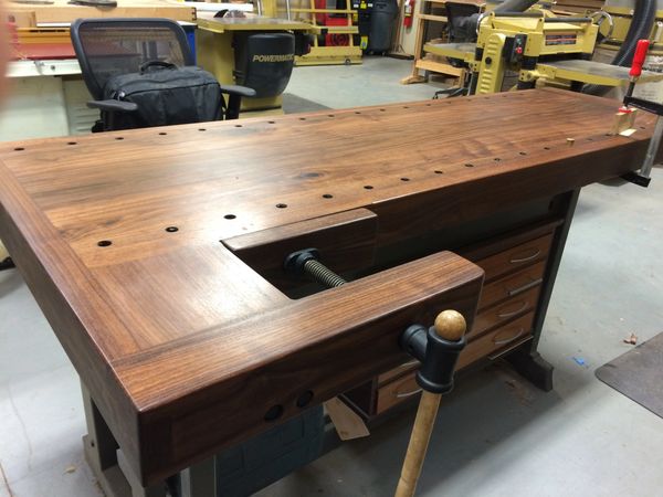 Traditional Walnut Woodworking Bench with shoulder and end vises.