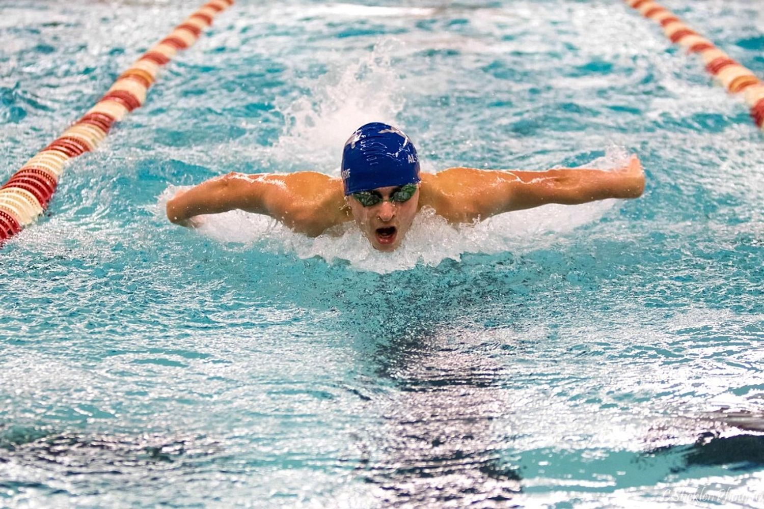 Male swimmer performing butterfly stroke
