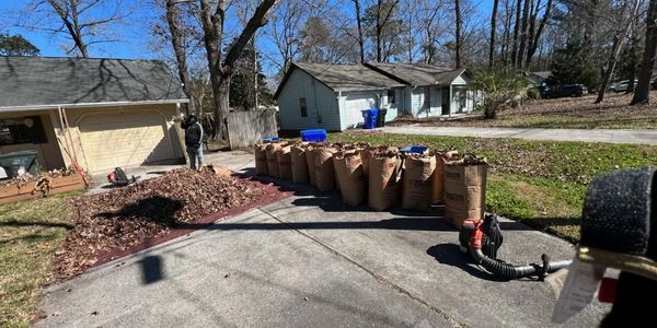 Yard cleanup with leaf bags and a leaf blower on a sunny day.