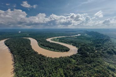 A winding river flowing through dense green forest under a partly cloudy sky.