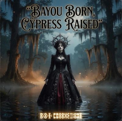 A gothic woman stands in a misty bayou with the text 'Bayou Born, Cypress Raised.'