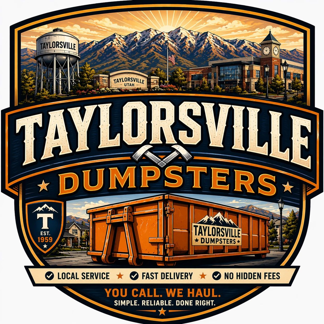 Logo for Taylorsville Dumpsters with mountain backdrop and dumpster image.