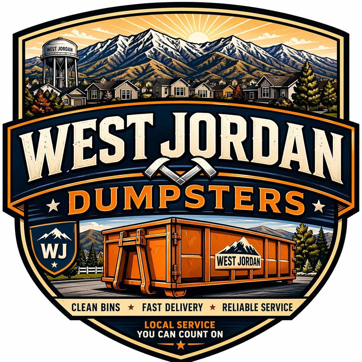 Logo for West Jordan Dumpsters featuring mountains, houses, and a dumpster.