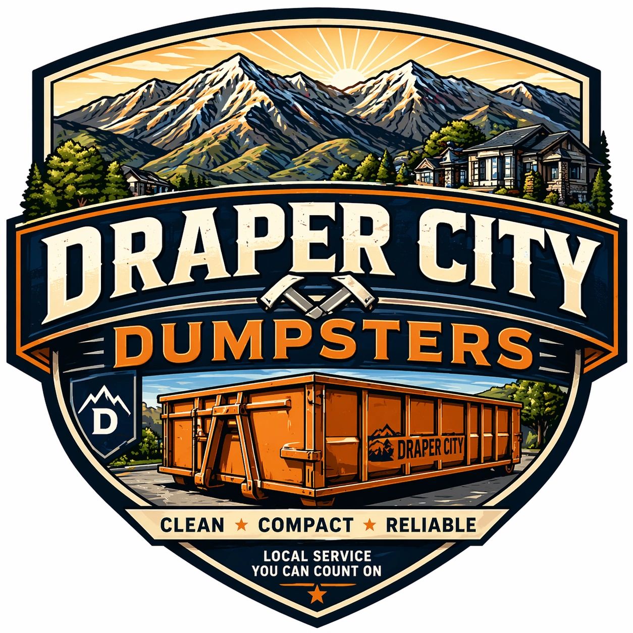 Logo for Draper City Dumpsters with mountains and a dumpster illustration.
