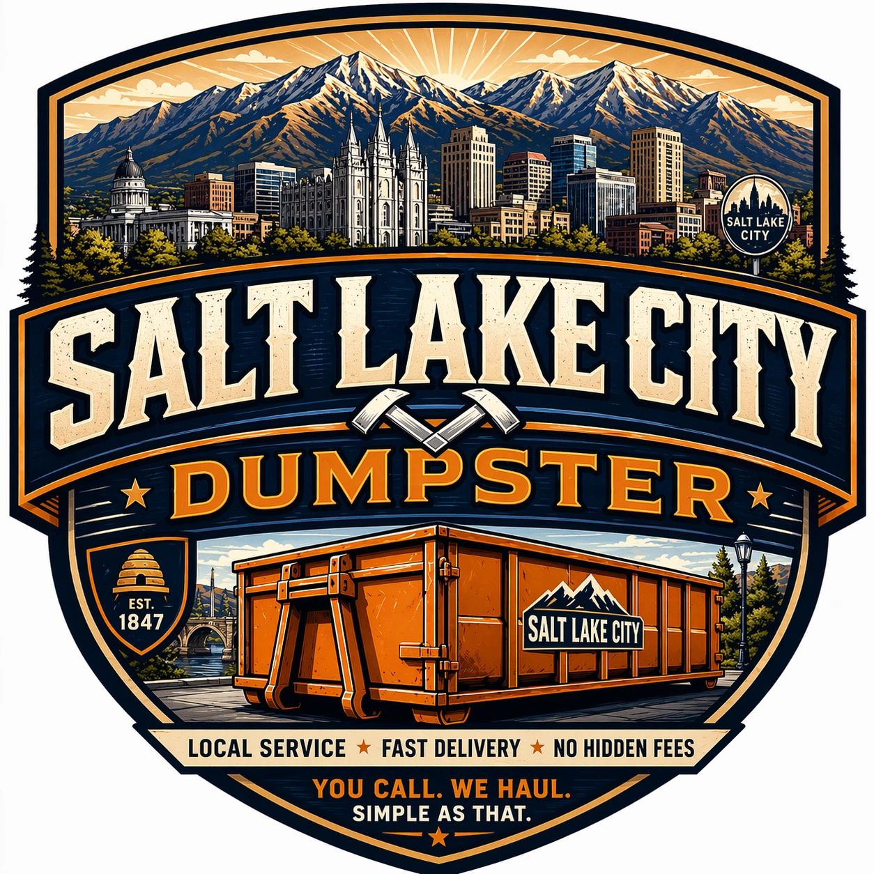 Salt Lake City Dumpster service logo with cityscape and mountains.