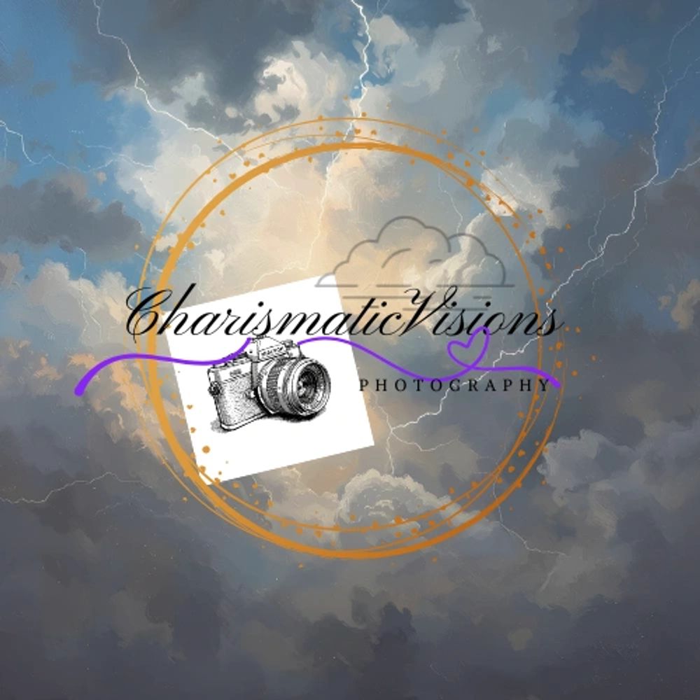 Logo of Charismatic Visions Photography with stormy sky and lightning background.