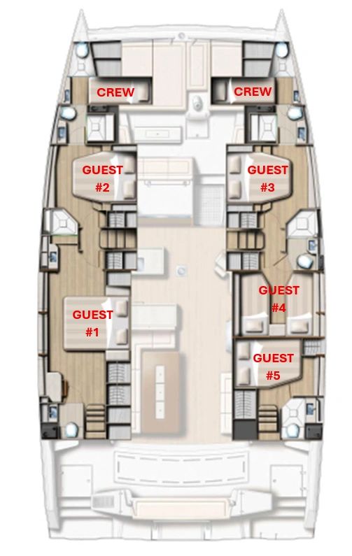 Layout of a catamaran showing crew and guest cabins with labeled rooms.
