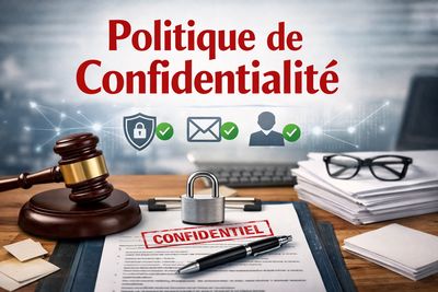 Document titled 'Politique de Confidentialité' with legal gavel and padlock on desk.