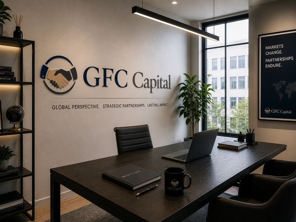 Modern office of GFC Capital with sleek furniture and branding.