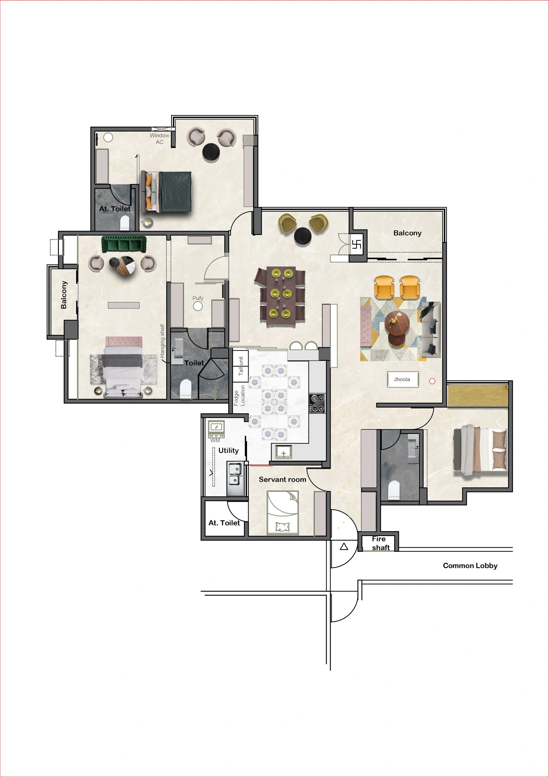 Detailed floor plan of a modern apartment with bedrooms, balconies, kitchen, and common areas.