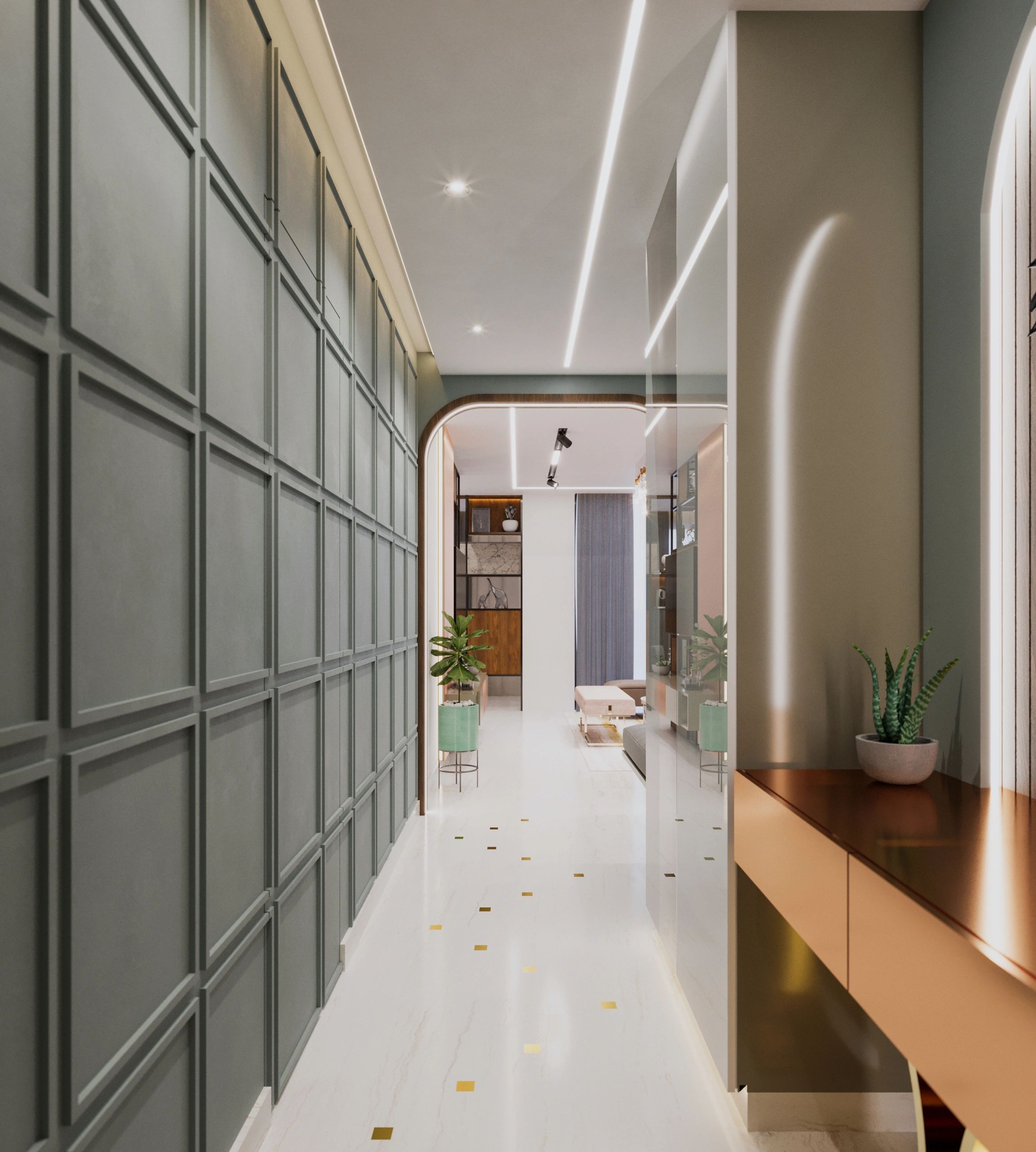 Modern hallway with green paneled wall and sleek lighting.