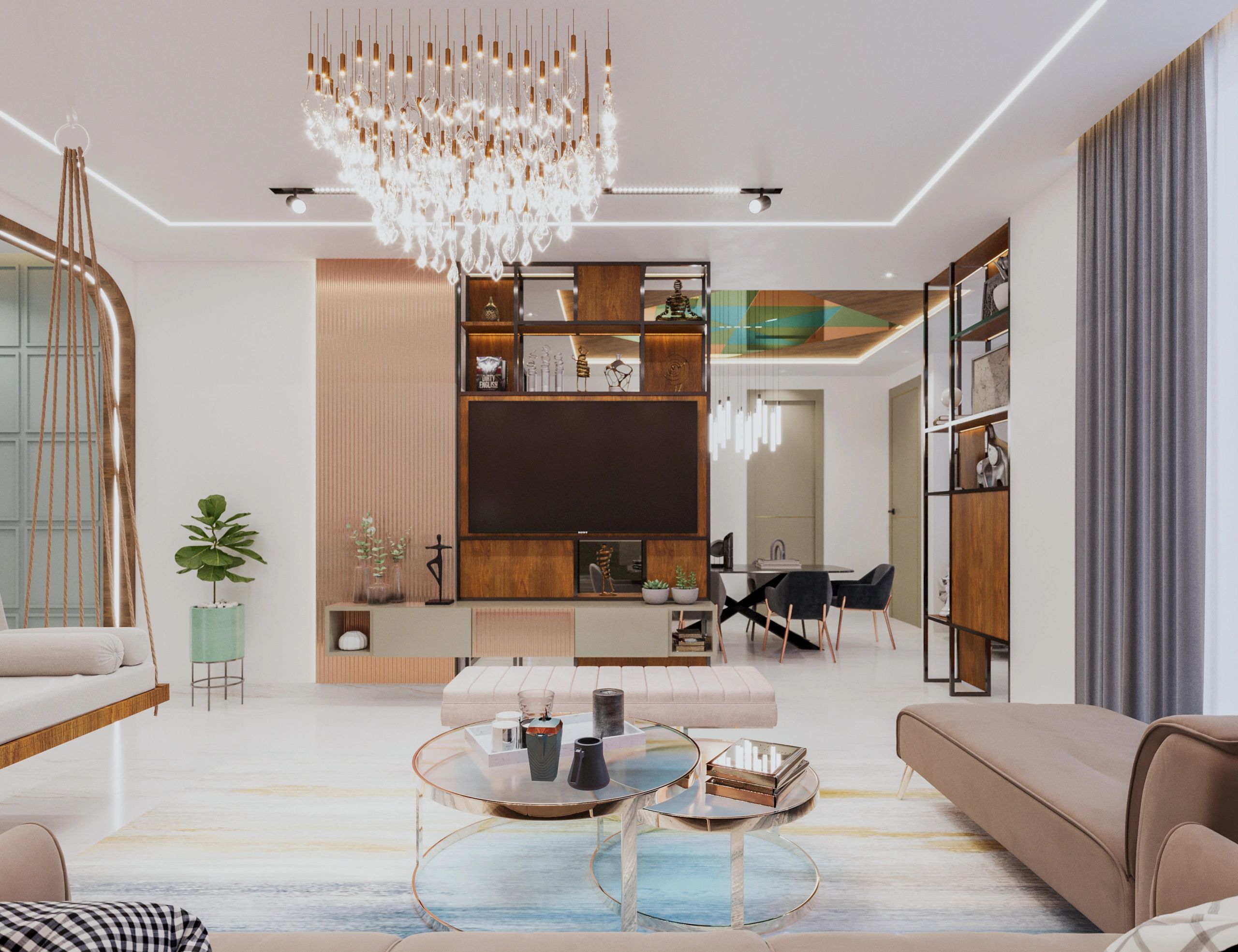 Modern living room with chandelier, TV unit, and elegant furniture.