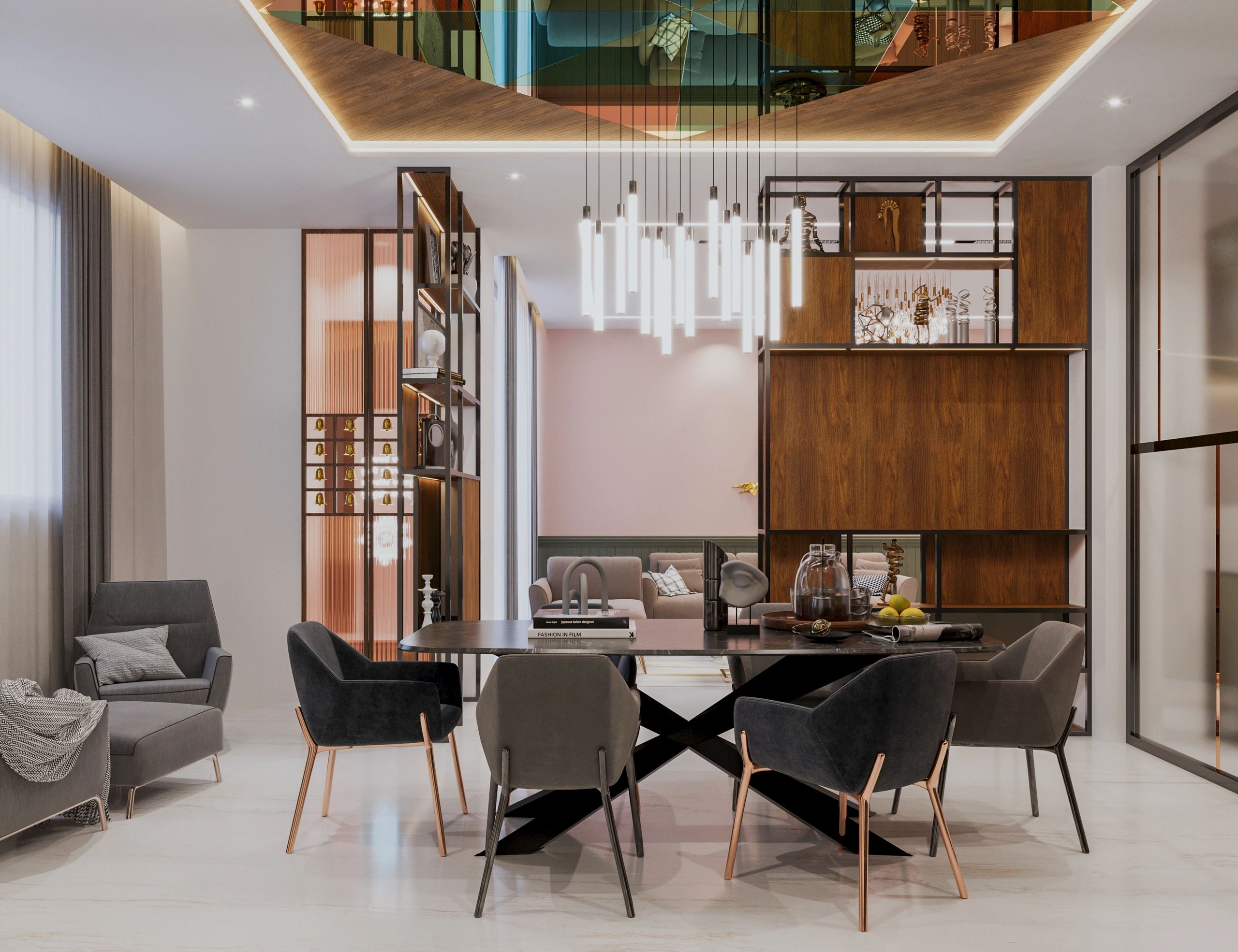 Modern dining room with sleek black chairs and a minimalist wooden shelf divider.