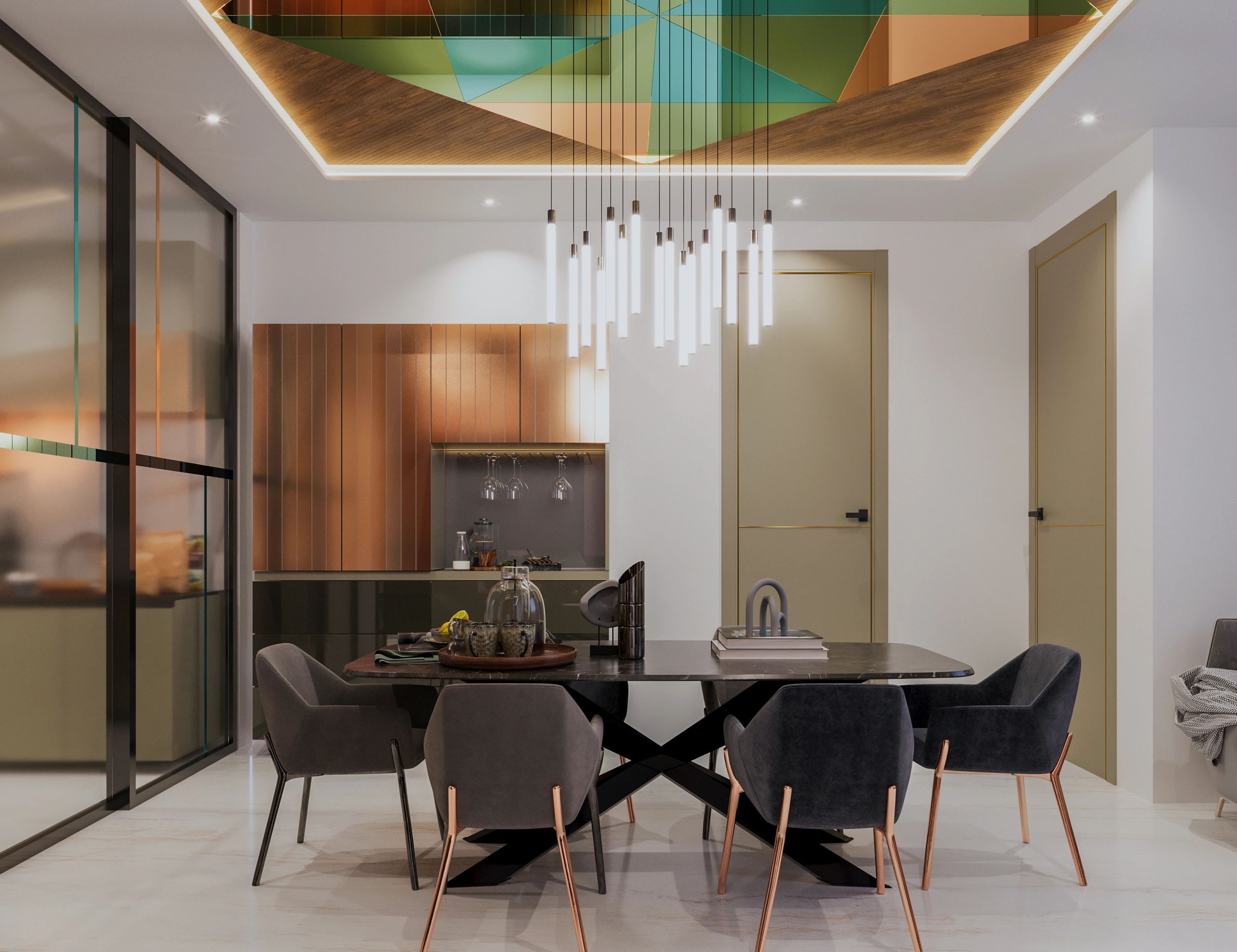 Modern dining room with geometric ceiling and elegant pendant lights.