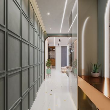Modern hallway with geometric wall paneling and sleek floor design.