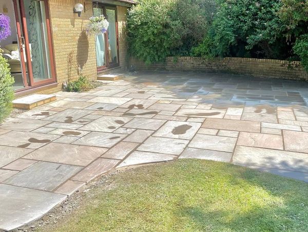 A patio with seating area built by Stevie Fairless in Hexham, Northumberland