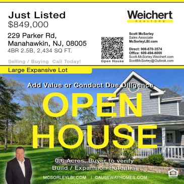 Open house advertisement for a spacious 4-bedroom home in Manahawkin, NJ.
