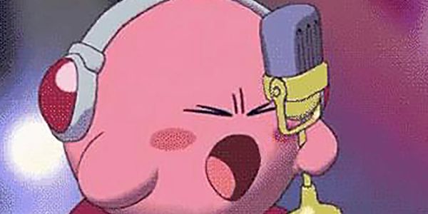 A cartoon of kirby with headphones and microphone.