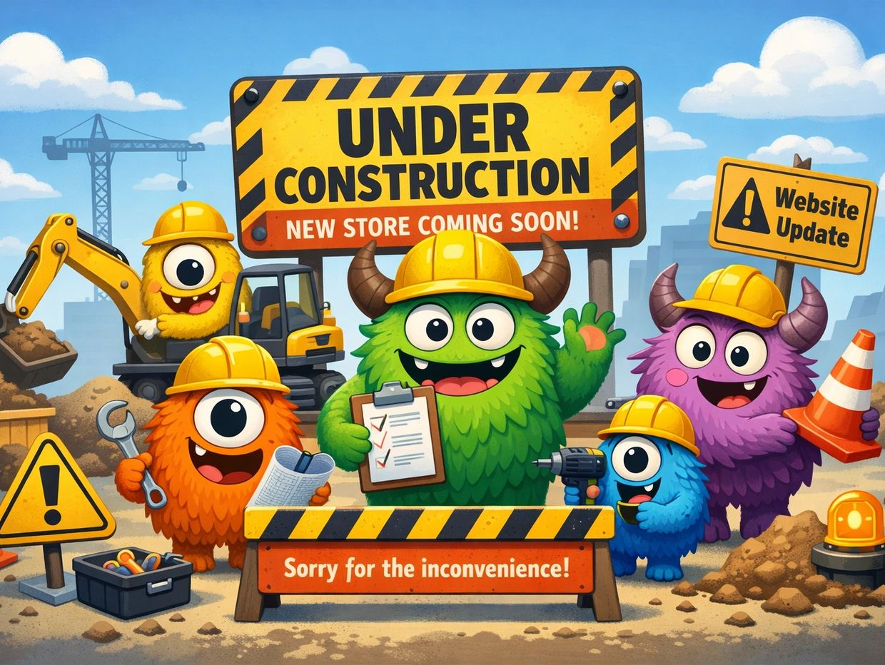 Cute monsters in hard hats at a colorful construction site with signs about a new store and website update.