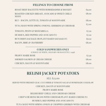 Menu of fillings and cold sandwiches with relish jacket potatoes.