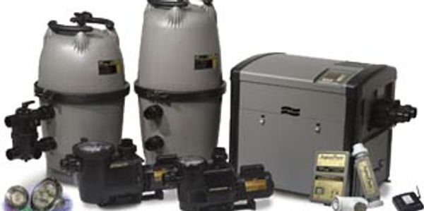 Various pool equipment including filters, pumps, and a control unit.