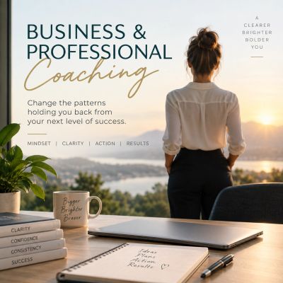 Business coaching workspace with motivational items.