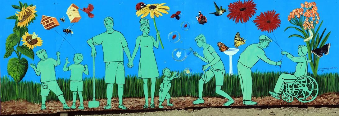 Pollinator Playground, 21 x 7 ' outdoor mural, latex and acrylic on aluminum panel. 