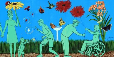 Pollinator Playground, 21 x 7 foot mural, latex and acrylic paint on aluminum panel. 