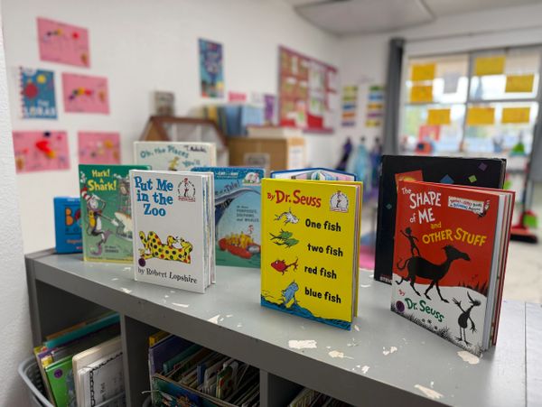 Children's books displayed on a classroom table, featuring Dr. Seuss titles.