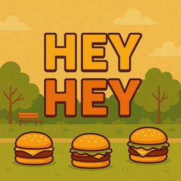Three cartoon cheeseburgers with 'HEY HEY' text in a park setting.