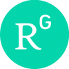 Green circle with a large serif R in the center to small capital G as positioned as an exponent.