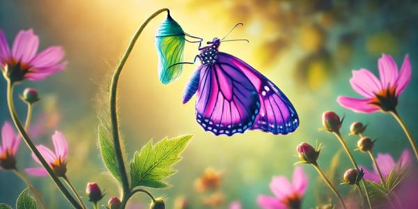 a butterfly emerging from its cocoon in a field of flowers 