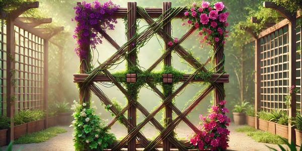 A trellis in a garden with blooming flowers growing on it 