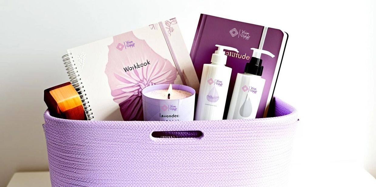 wicker basket hamper with workbook,candle, and lotions