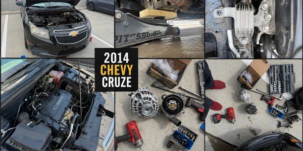 Collage showing a 2014 Chevy Cruze with engine and repair tools.