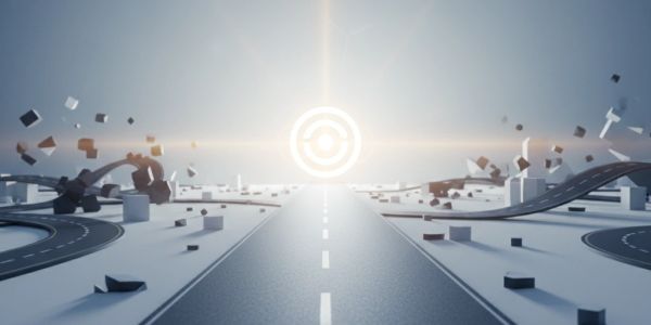 Camino futurista con bloques flotantes y un objetivo brillante al fondo.