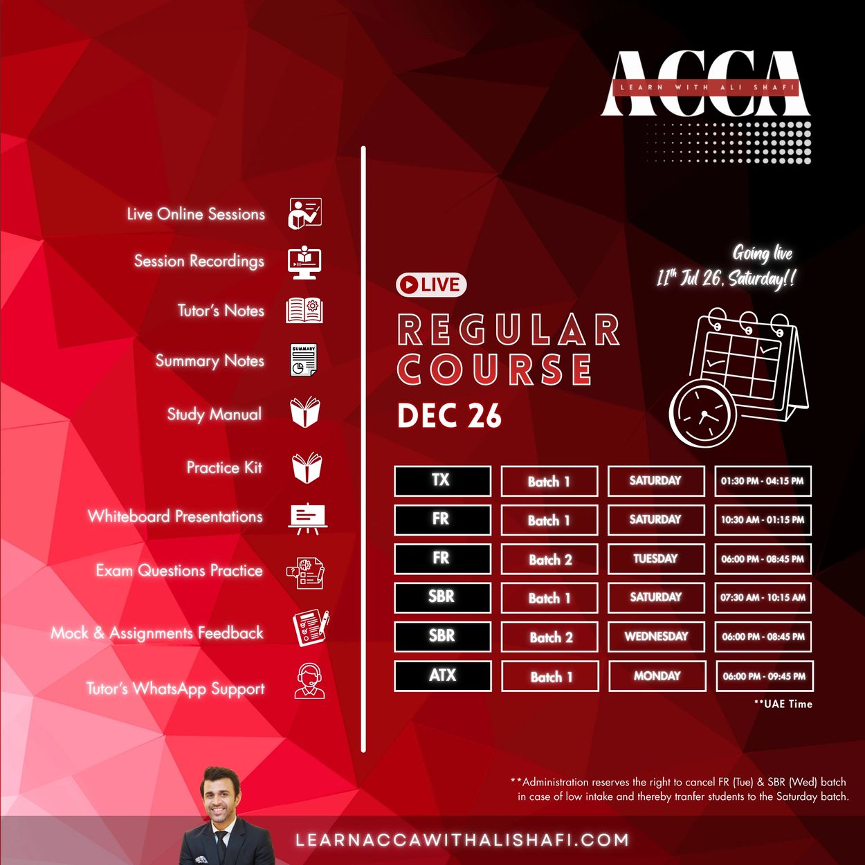Promotional image for a live online regular course starting Dec 26 with various study materials.