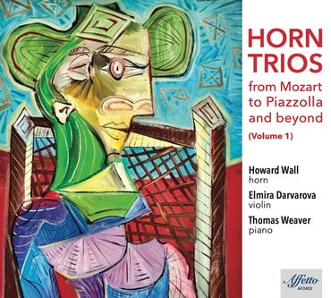Abstract artwork on album cover for Horn Trios featuring horn, violin, and piano.