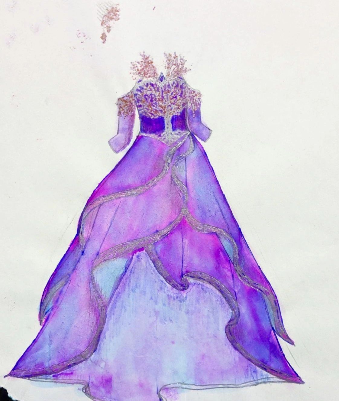 strapless open back dress Lavender Layered Ruffle Tulle Gown" - Sketch Print