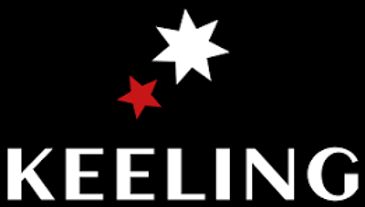 Logo with white and red stars above the word 'KEELING'.